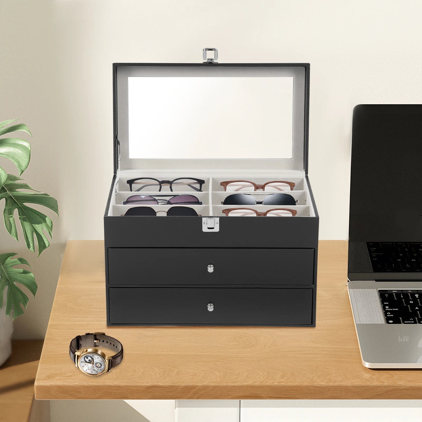 24-Slot Watch & Eyeglass Storage Box 3-Layer PU Leather Storage Display Case with Glass Top Holds 12 Watches & 12 Glasses