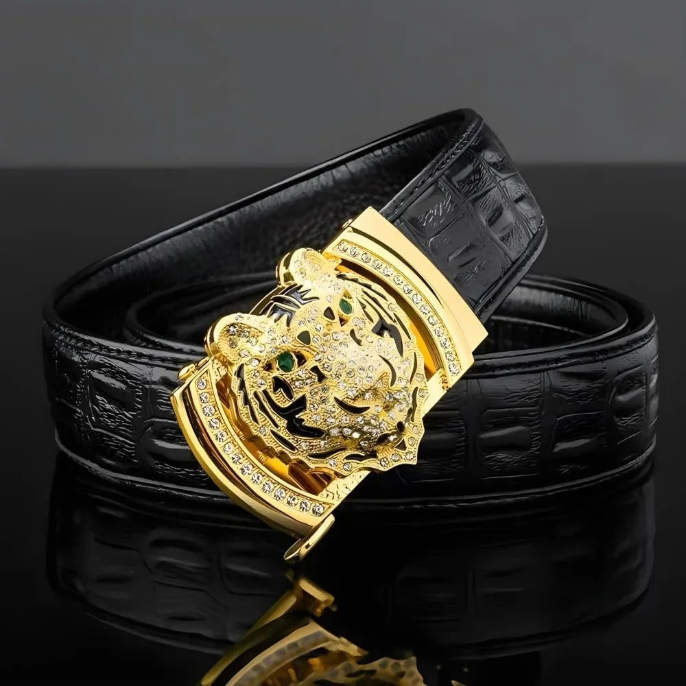 men's belt Gold Tiger Head automatic buckle alloy, leather men's belt, slide for easier adjustment belt, cut to fit