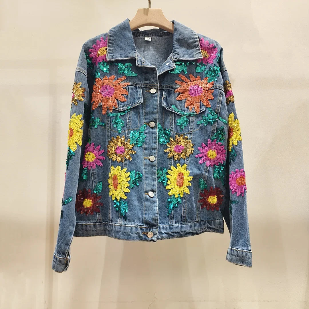 Sunflower Embroidery Denim Jacket with Sequins for Women