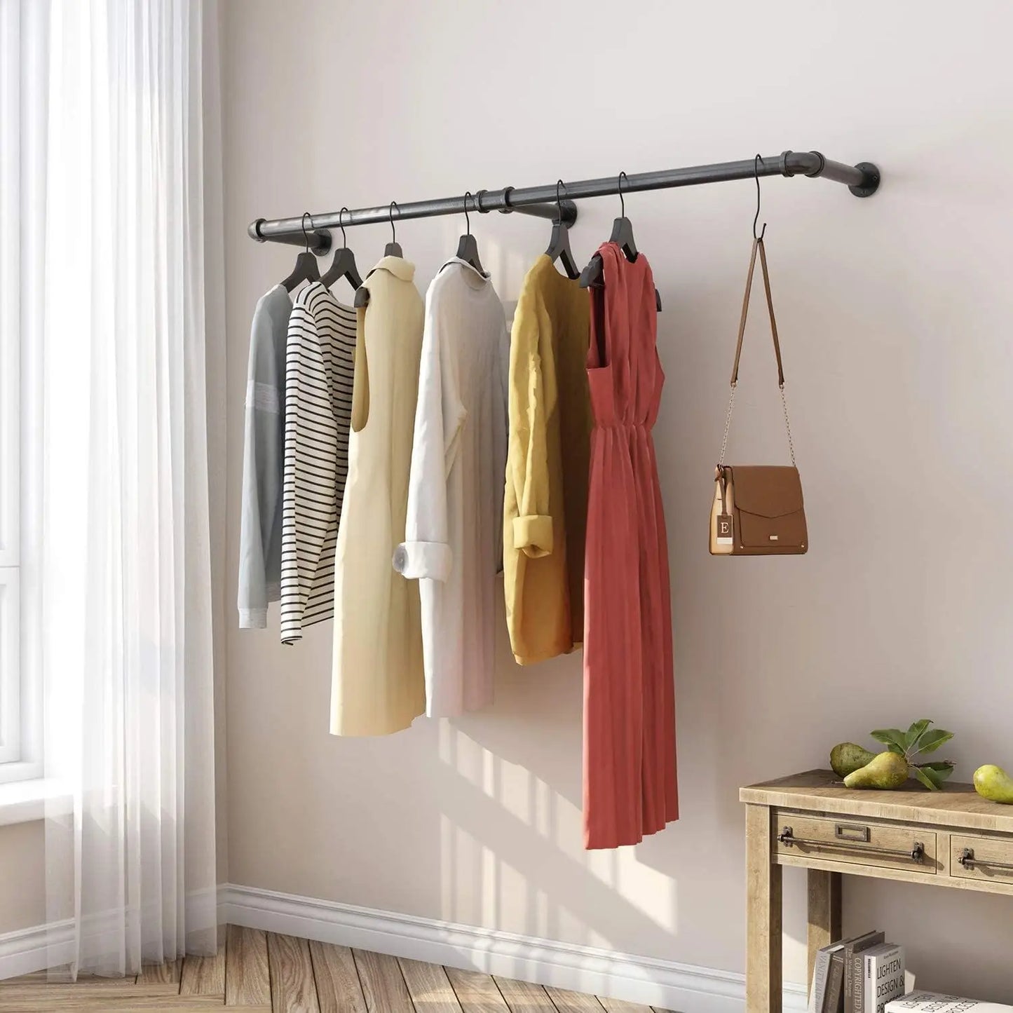 Wall Mounted 180cm Industrial Pipe Clothes Hanging Rail Rod Garment Rack Detachable