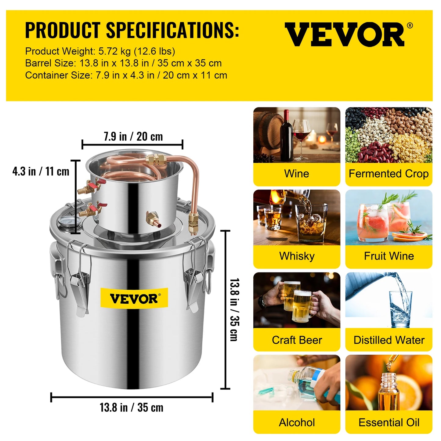SucceBuy 3 5 8 13 Gal Distiller Alambic Alcohol Still Stainless Copper DIY Home Brew Water Wine Essential Oil Brewing Kit
