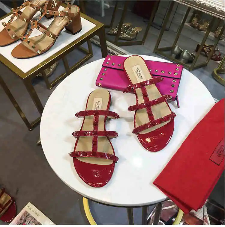 Women's sandals Gladiator summer 2025 luxury Brand Designer Heeled slipper Leather Silver Rivets High Heels Ladies shoes Women