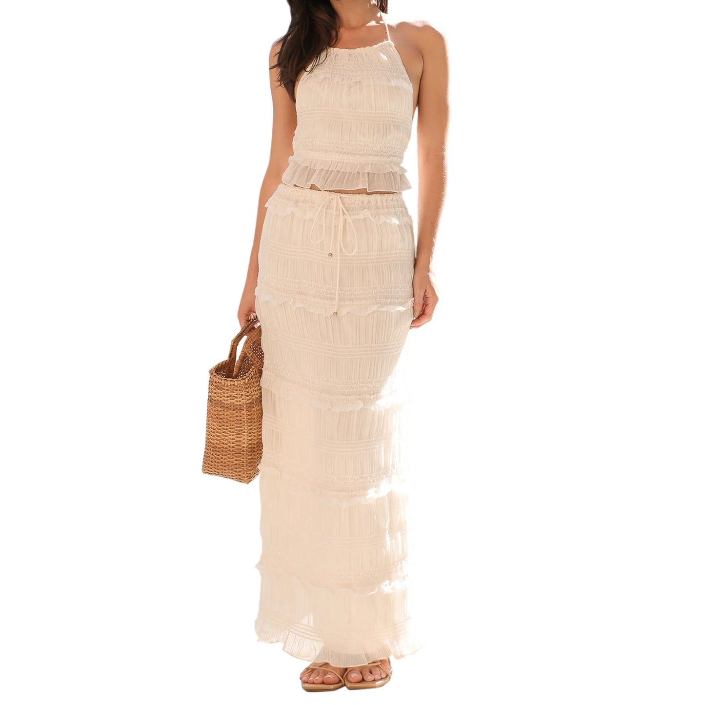 Elegant Floral Print Off-Shoulder Ruffle Sleeve Crop Top and High Waist Maxi Skirt 2 Piece Set for Women Summer Outfit