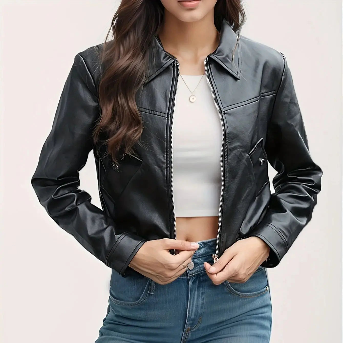 Women Fashion PU Motorcycle Jacket with Zipper Pockets Short