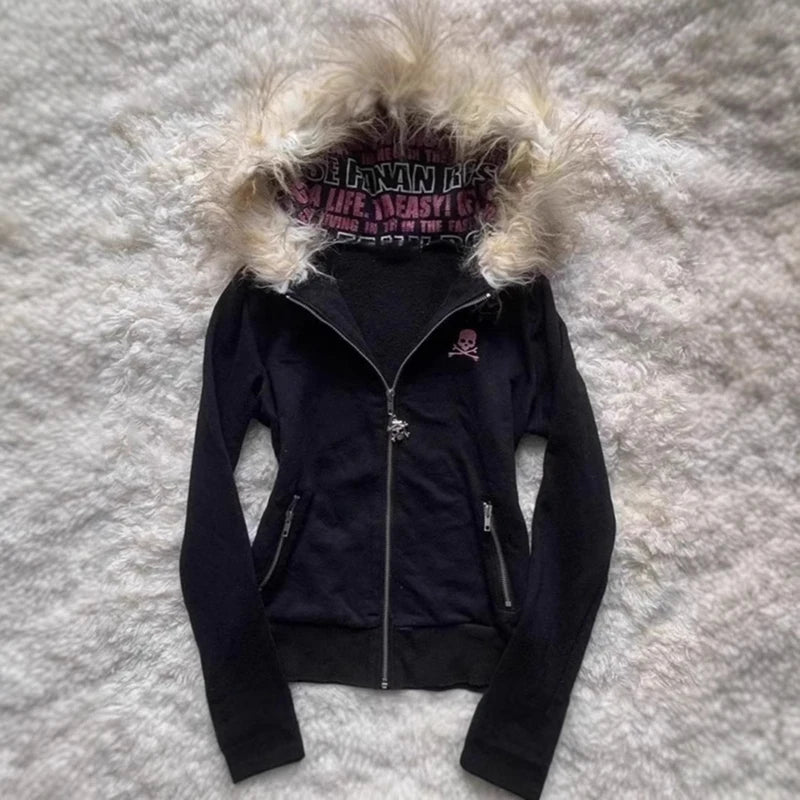 Fur Collar Long Sleeve Hooded Sweatshirt Jacket for Women