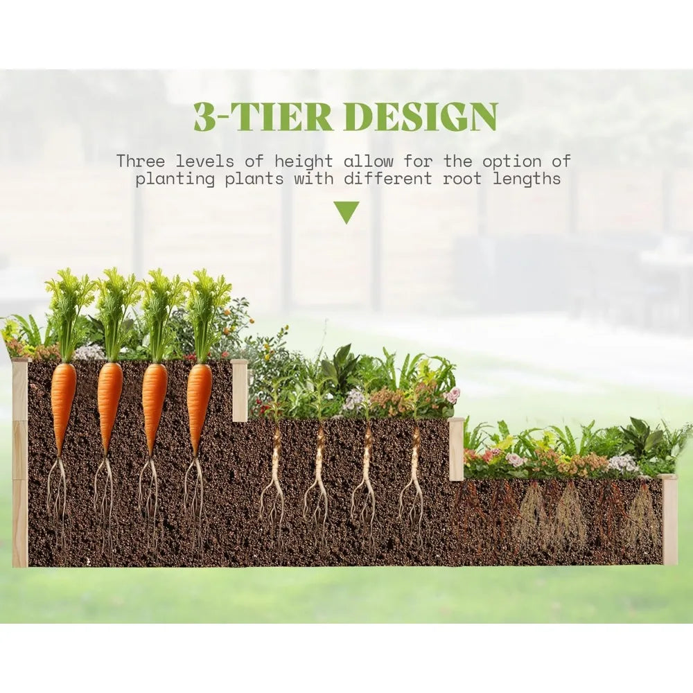 Amerlife Raised Garden Bed Outdoor Gardening, 28 Inch Depth 3-Tier Wood Planter Box with Cedar Leg, Baseboard, Leakage Hole,Easy