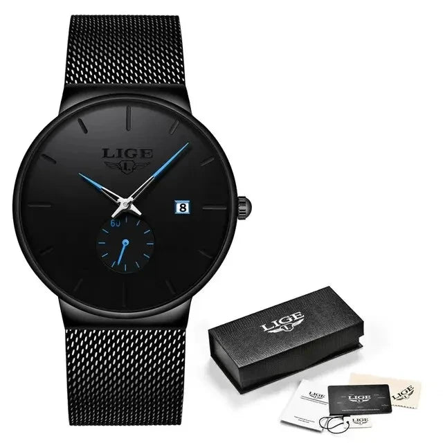 LIGE Fashion Ultra-Thin Mesh Watch Men Business Sports Men's Quartz Wristwatches Waterproof Date Chronograph Relogios Masculino