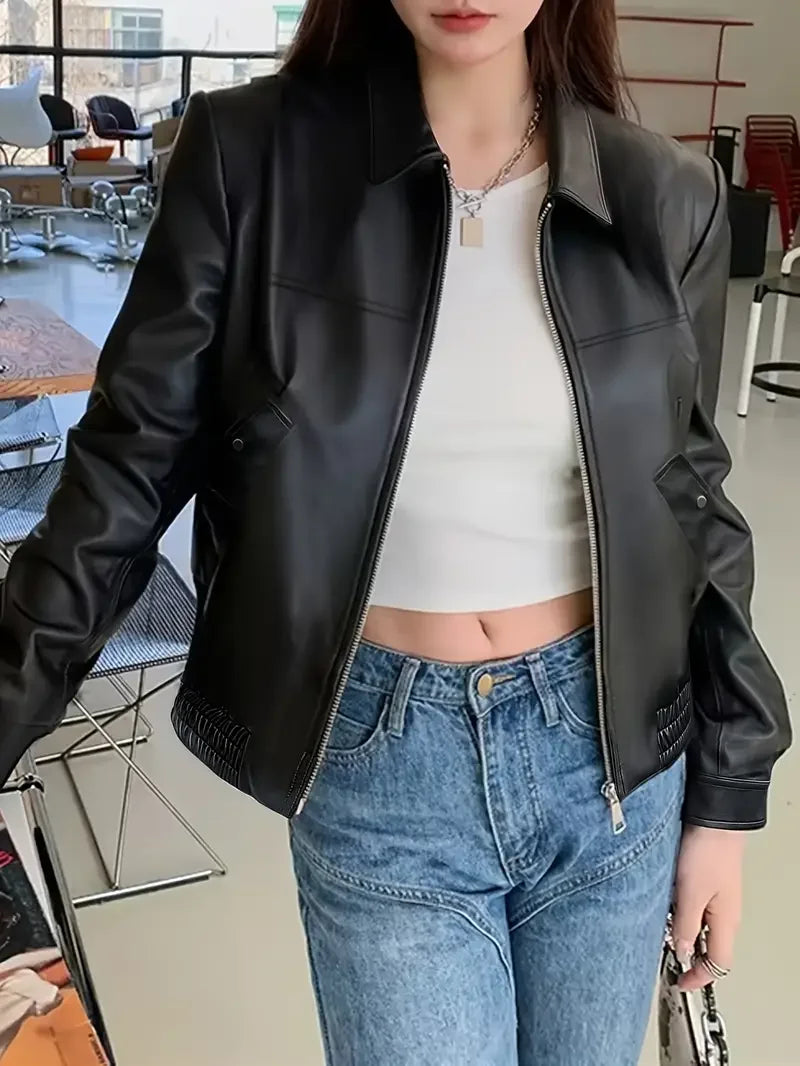 Women Fashion PU Motorcycle Jacket with Zipper Pockets Short