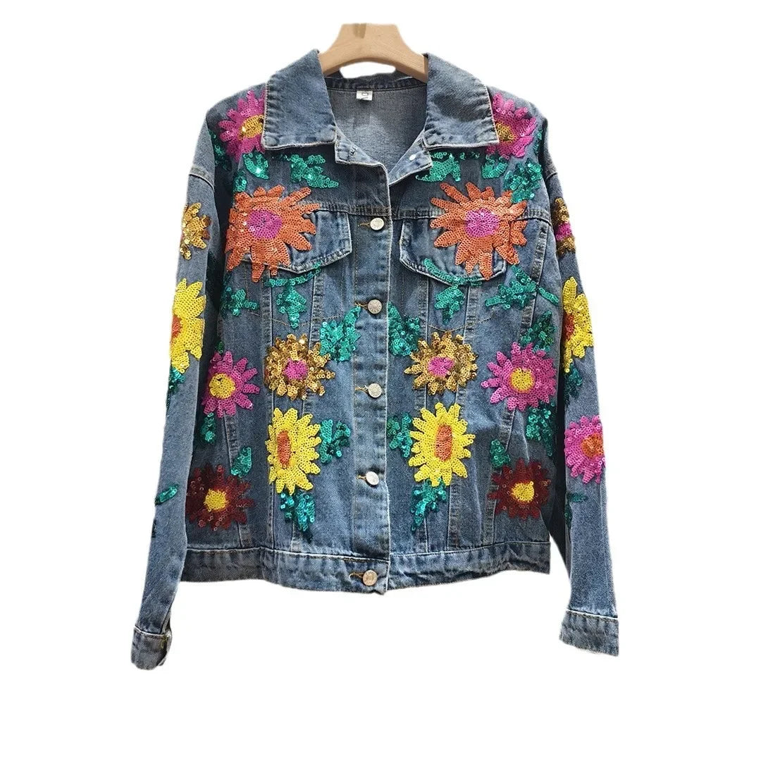 Sunflower Embroidery Denim Jacket with Sequins for Women