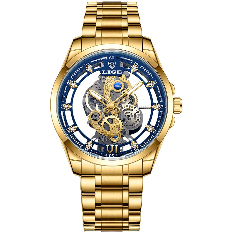 LIGE New Fashion Mens Watches Top Brand Luxury Hollow Watch Men Military Sports Waterproof Quartz Watch For Men Montre Homme+BOX