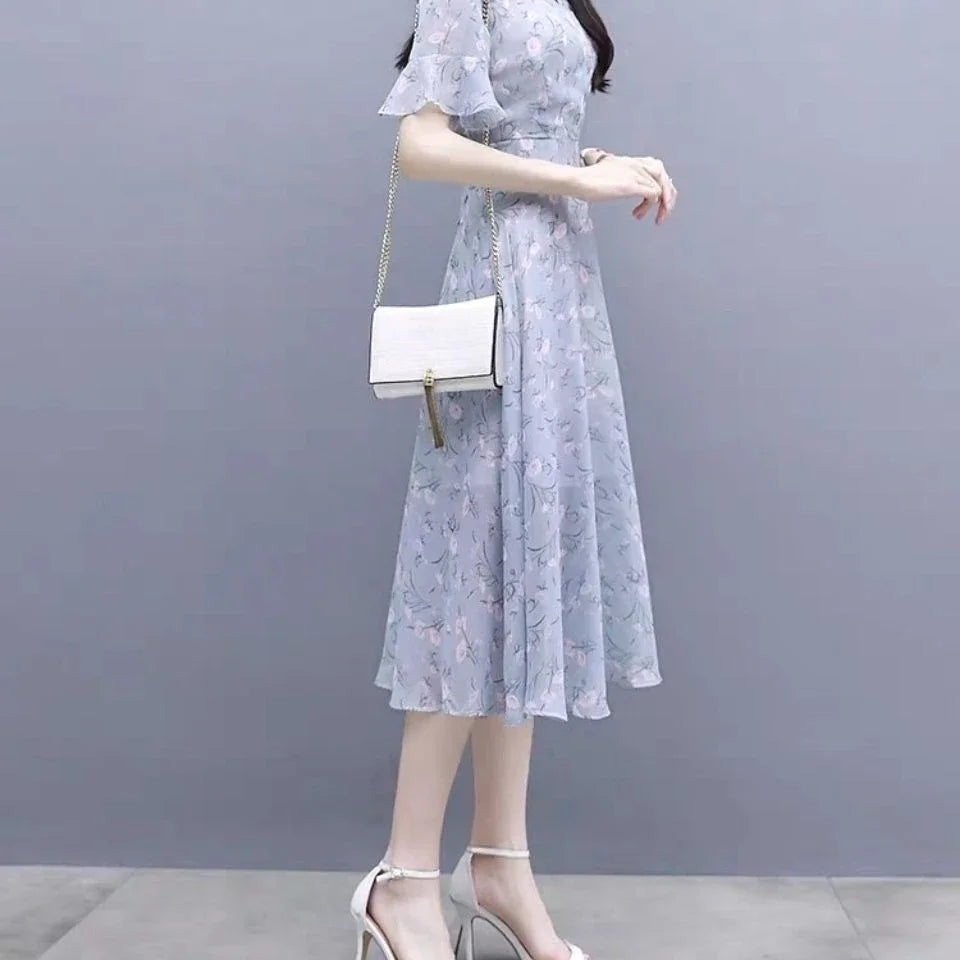 Silk Chiffon Midi Flower Dresses for Women Bandage Short Sleeve Woman Dress Floral Satin Outfits Clothing Elastic Casual Youth