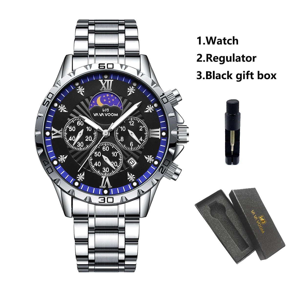 Men Watch US Fast Delivery Multifunctional Luxurious Rhinestone Moonlight Stainless Steel Business Leisure Quartz 1 Set Watches