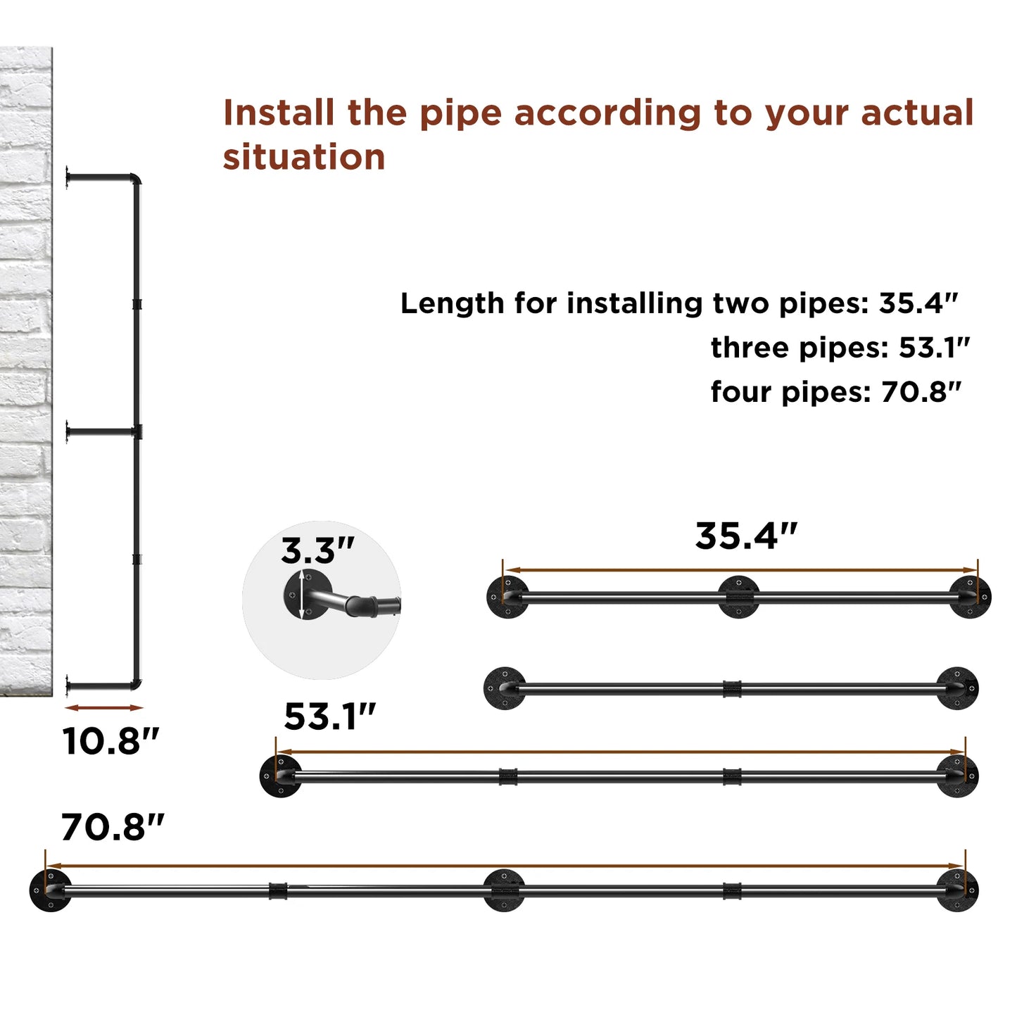 Wall Mounted 180cm Industrial Pipe Clothes Hanging Rail Rod Garment Rack Detachable