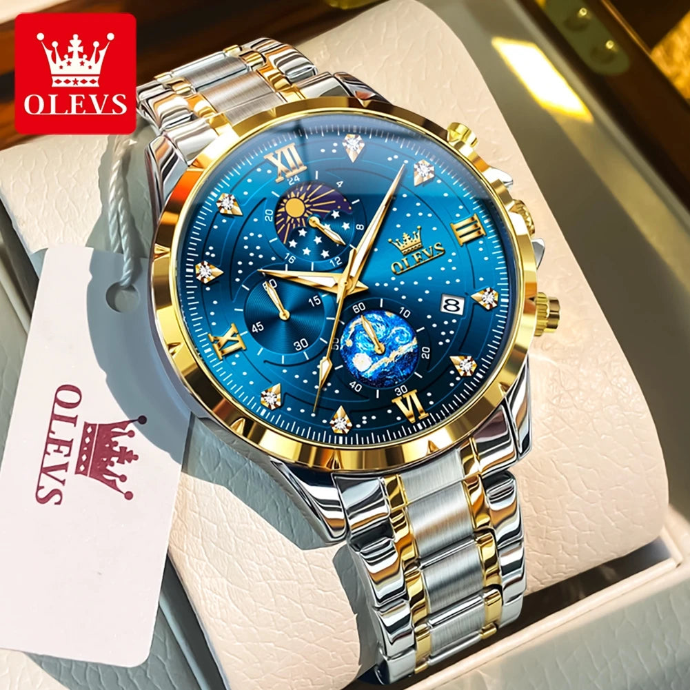 OLEVS Trend Men's Watches Moon Phase Luminous Starry Sky Dial Quartz Watch Waterproof Calendar Fashion Original Male Wristwatch