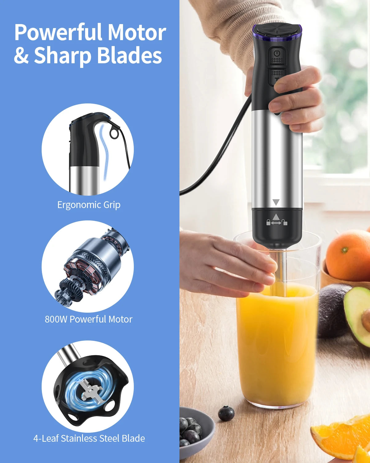 1000 Watt Handheld Electric Immersion Blender, 5 in 1 Kitchen Hand Blender for soups, smoothies, purees and baby food.
