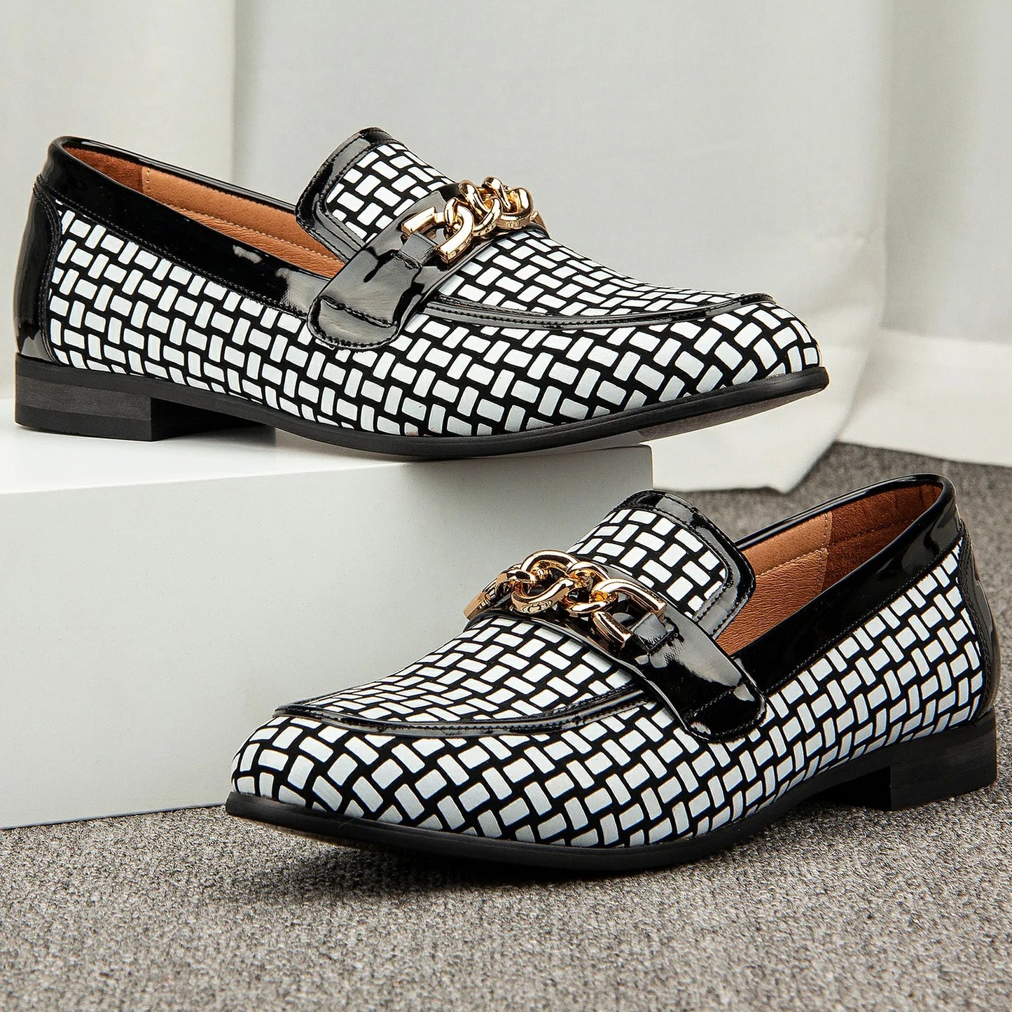 Men's Brown Shoes Pattern Printing Men's Dress Loafer Shoes Slip-on Casual Loafer Smoking Slipper