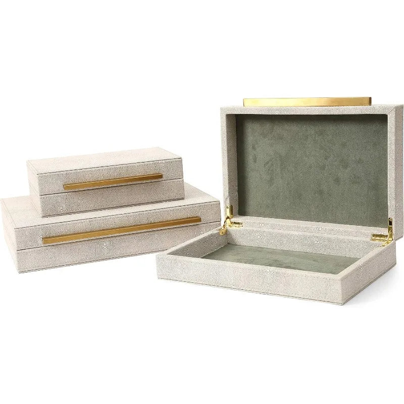 Kingflux Faux Ivory Shagreen Leather Set of 3 Pcs Decorative Boxes, Storage Boxes Jewelry Organizer, Men's Accessory Org
