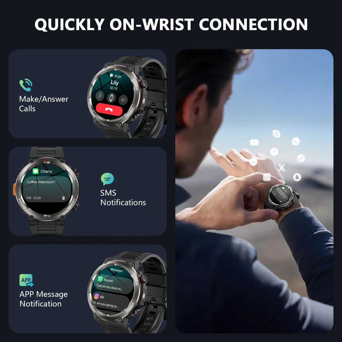 2025 New Blackview W50pro Waterproof Smartwatch with LED Flashlight Emergency lighting 960mAh Large Battery Life Man Smart Watch