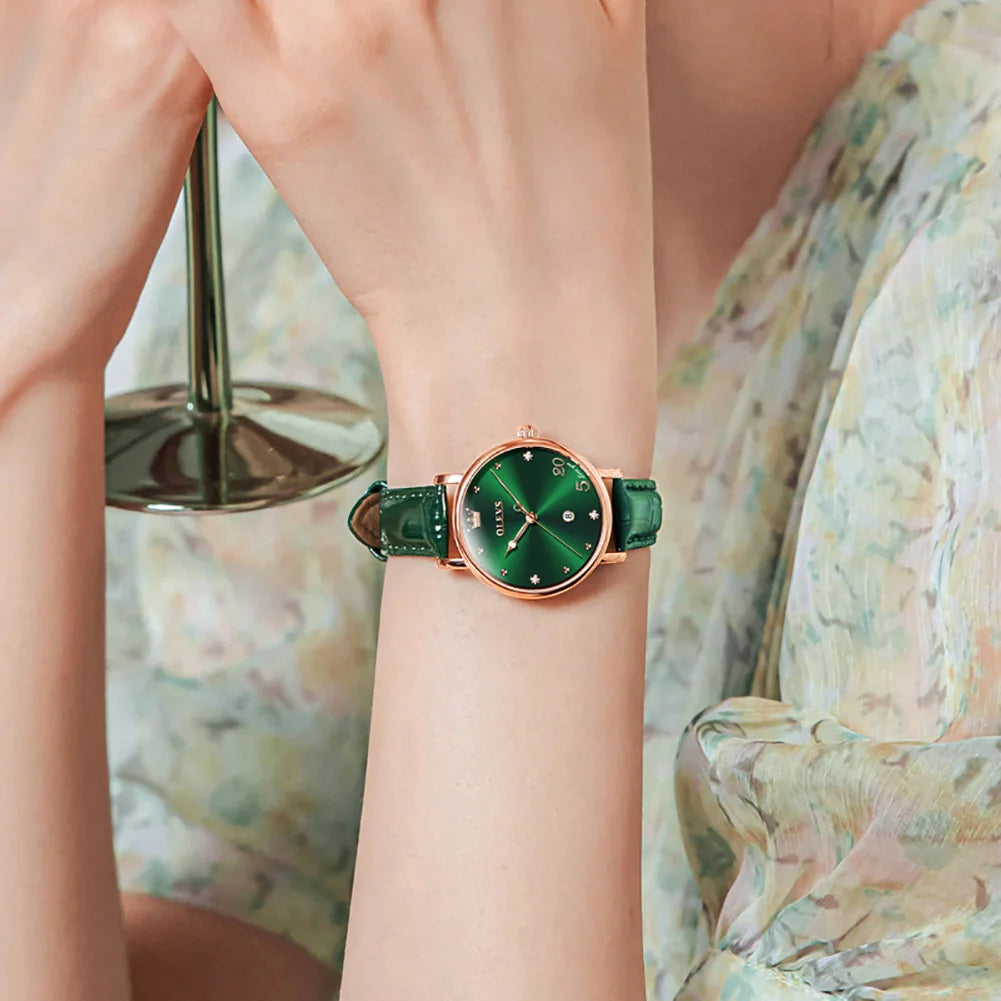 OLEVS Women Watch Luruxy Fashions Original Wristwatch Green Dial Leather Strap Waterproof Women's Watch Elegant Casual Gift Set