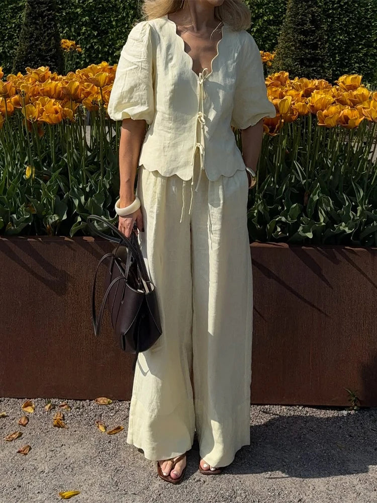 Women Cotton Linen Suit Lace Up Short Two Piece Set Puff Sleeve Shirts Loose A-line Long Skirt Sets Lady Office Matching Set