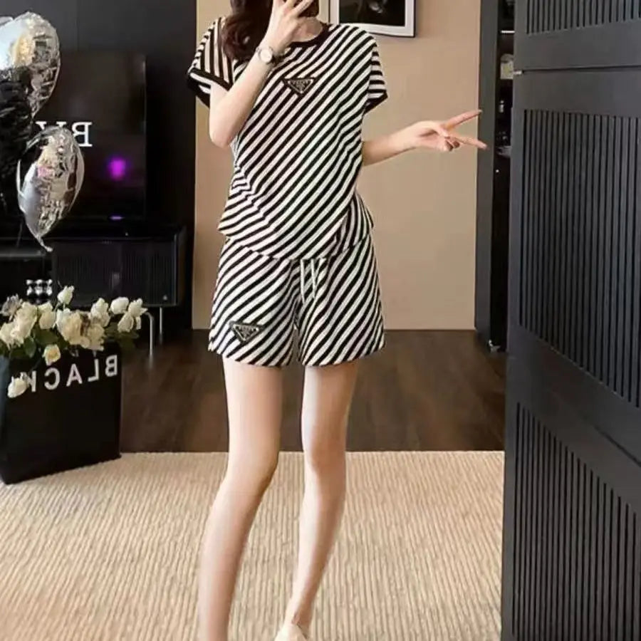 Korean Style Slim Fit Round Neck Top and Striped Shorts Set