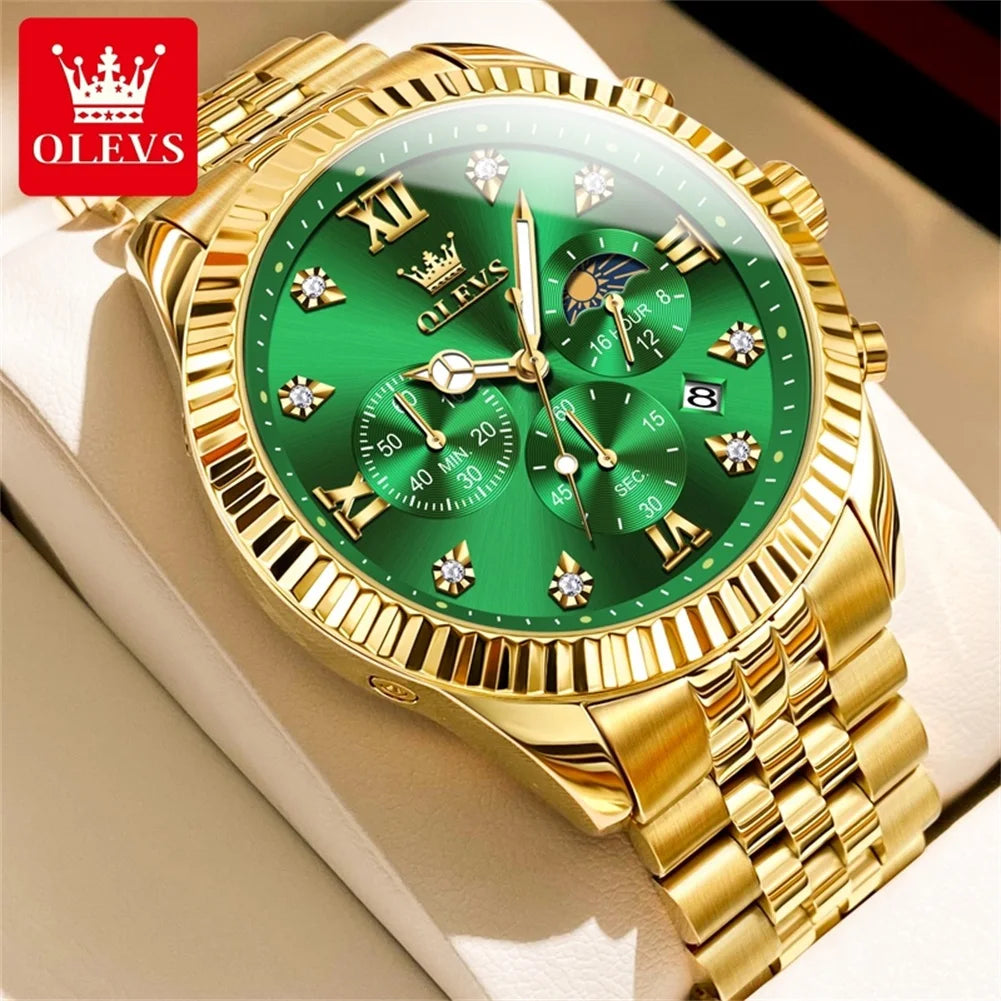 OLEVS New Original Quartz Men's Watches Moon Phase Waterproof Calendar Stainless steel Watch for Men Luminous Luxury Brand Watch