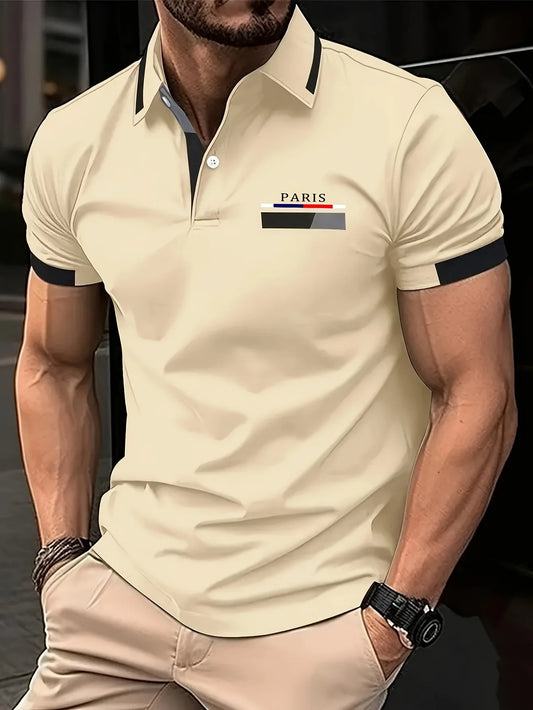 RED SPY Men's Summer Fashion Shirt - Casual Short Sleeve, Button, Paris Logo Print, 100% Polyester Fiber, 180g/sqm, Machine Wash