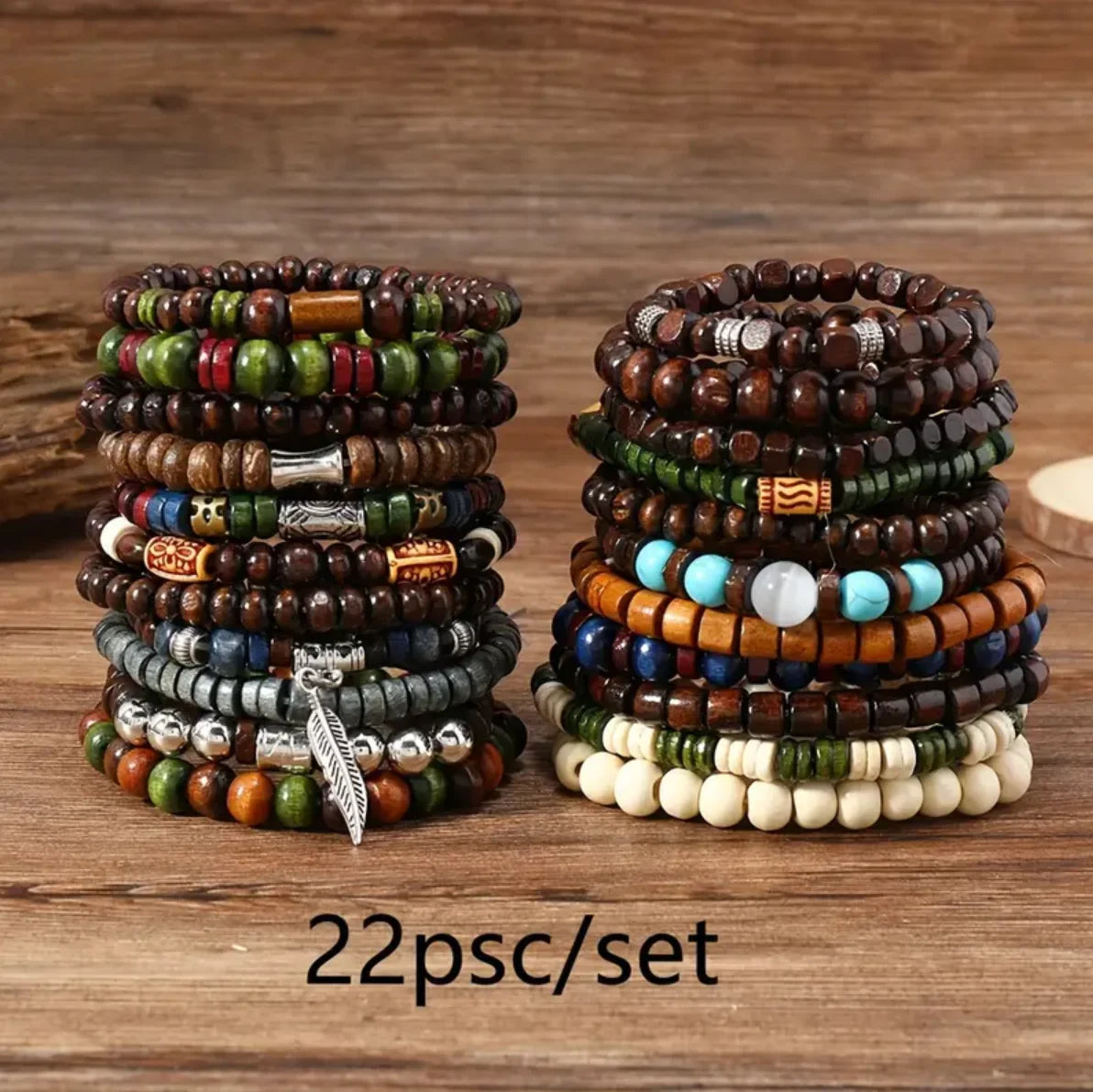 22-Piece Set Vintage Style Bohemian Wooden Beaded Bracelets, Synthetic Turquoise and Cat's Eye Beads, Fashionable Stacking Brace