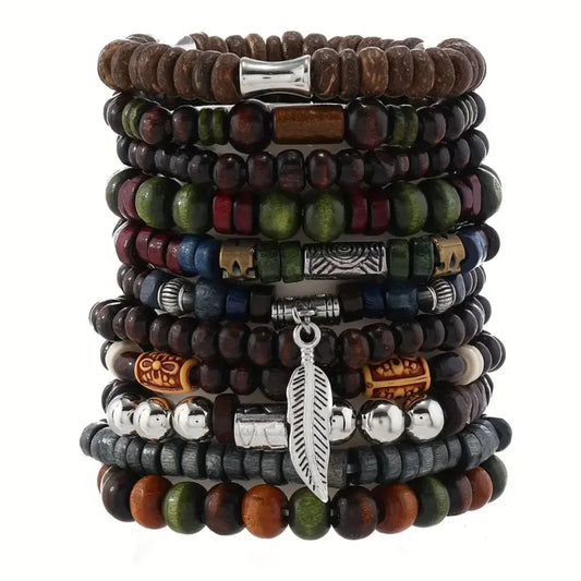 22-Piece Set Vintage Style Bohemian Wooden Beaded Bracelets, Synthetic Turquoise and Cat's Eye Beads, Fashionable Stacking Brace