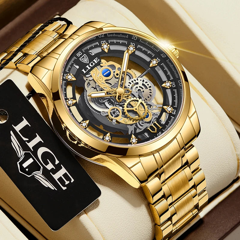 LIGE New Fashion Mens Watches Top Brand Luxury Hollow Watch Men Military Sports Waterproof Quartz Watch For Men Montre Homme+BOX