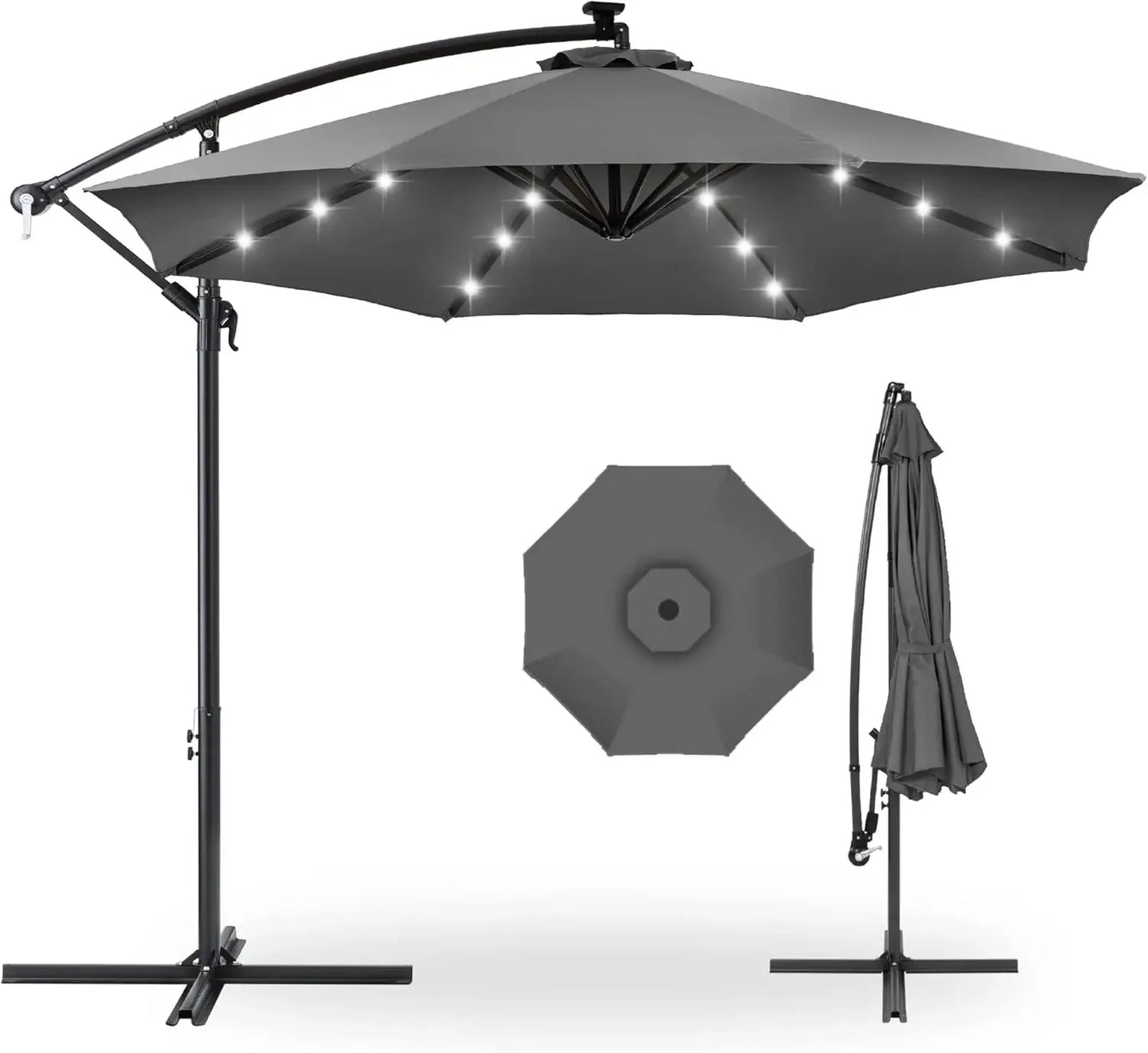 10ft Solar LED Offset Hanging Market Patio Umbrella for Backyard, Poolside,Lawn and Garden w/Easy Tilt Adjustment,Polyester