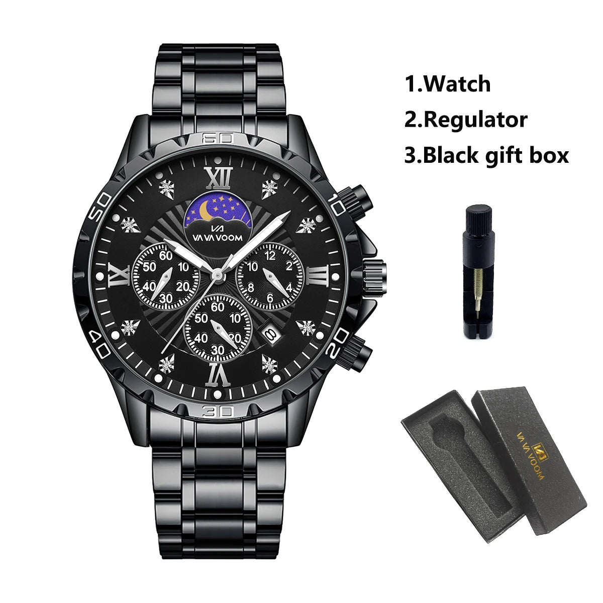 Men Watch US Fast Delivery Multifunctional Luxurious Rhinestone Moonlight Stainless Steel Business Leisure Quartz 1 Set Watches