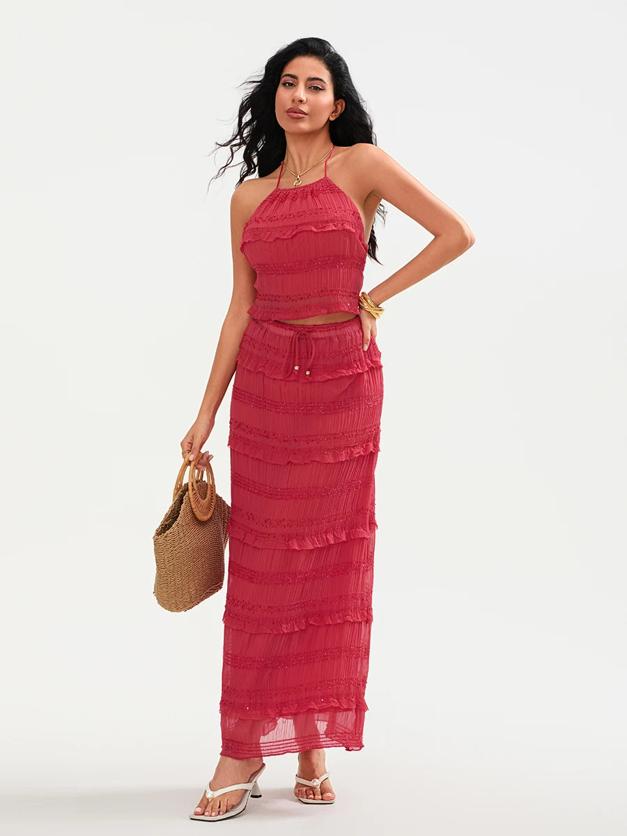 Elegant Floral Print Off-Shoulder Ruffle Sleeve Crop Top and High Waist Maxi Skirt 2 Piece Set for Women Summer Outfit