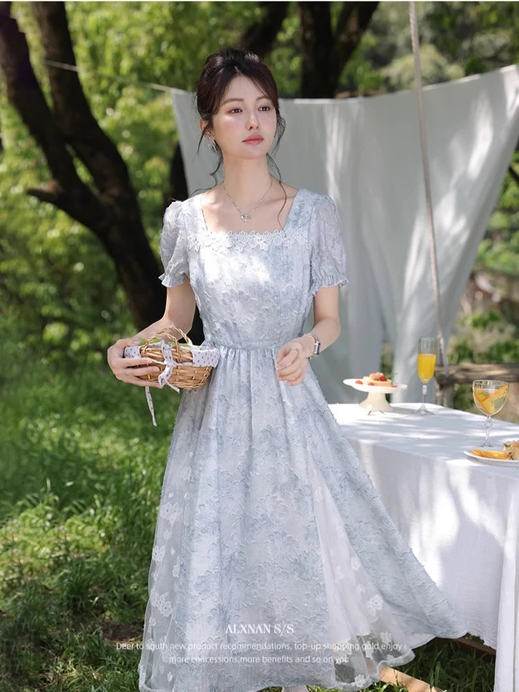 ALXNAN Women Dress Light Blue Floral Puff Sleeves Long Dress 2025 Summer Square Neck Lace Design Midi Ladies Clothing DYL661834