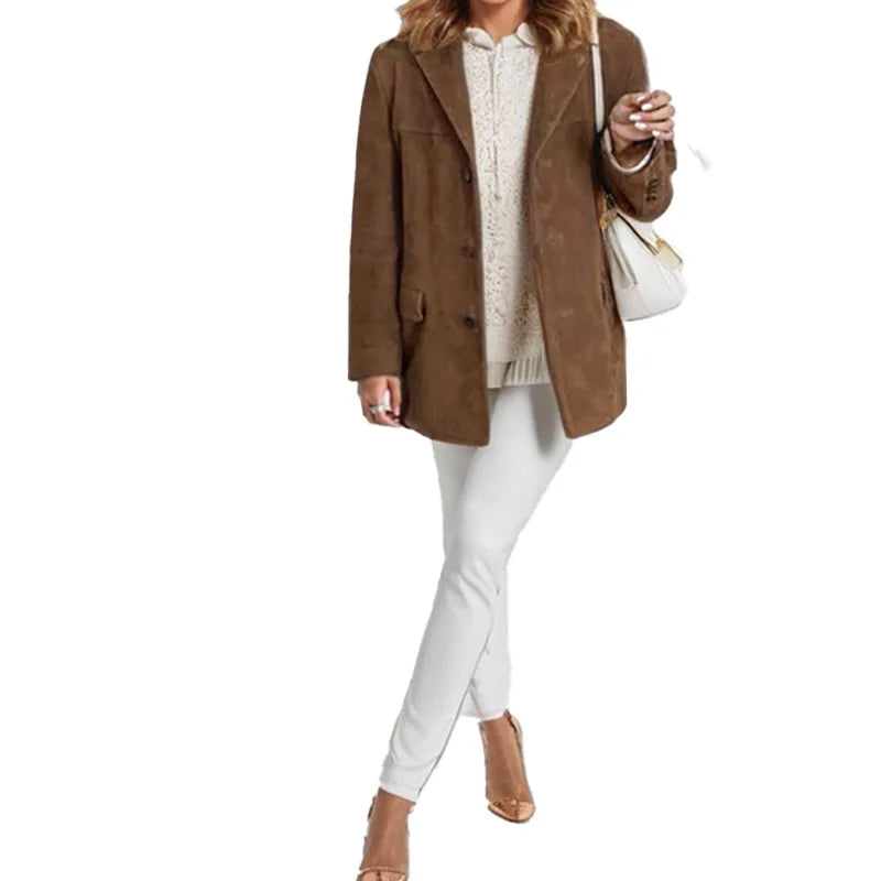 Casual Brown Suede Leather Jacket for Women with Lapel Pocket