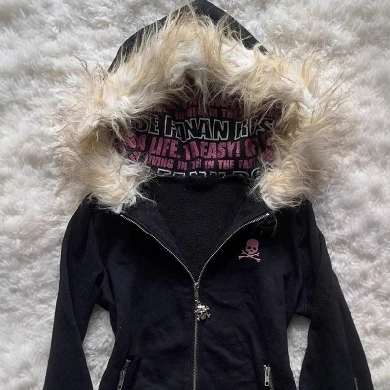 Fur Collar Long Sleeve Hooded Sweatshirt Jacket for Women