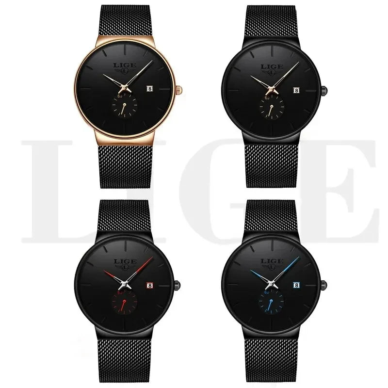 LIGE Fashion Ultra-Thin Mesh Watch Men Business Sports Men's Quartz Wristwatches Waterproof Date Chronograph Relogios Masculino