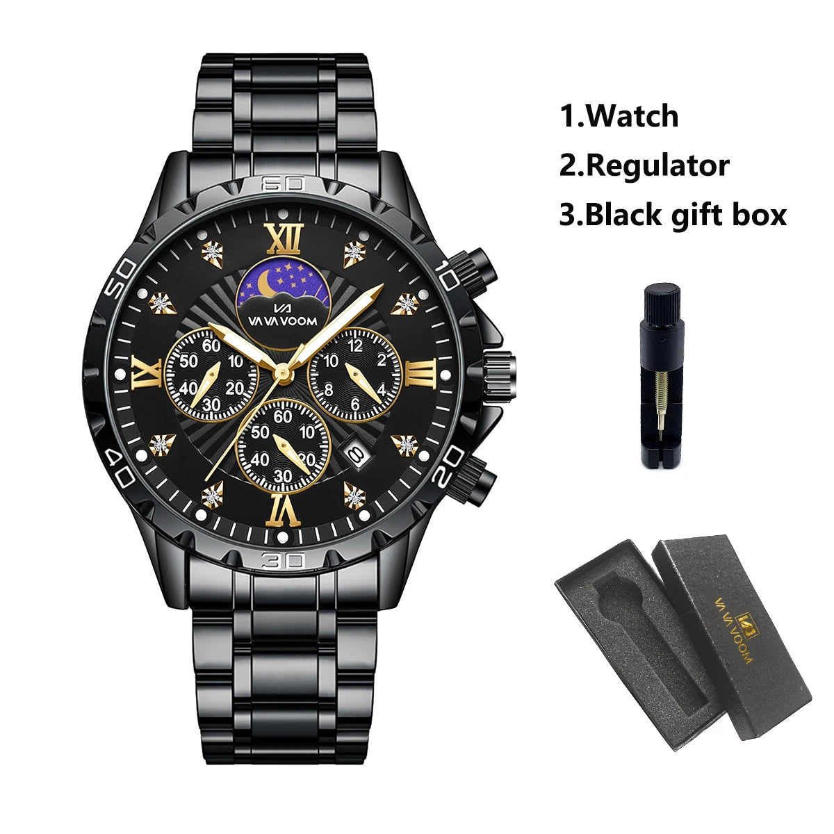 Men Watch US Fast Delivery Multifunctional Luxurious Rhinestone Moonlight Stainless Steel Business Leisure Quartz 1 Set Watches