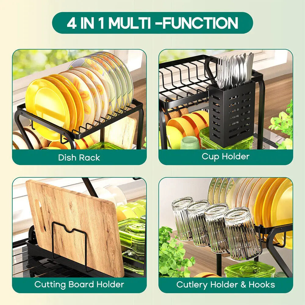 2-Tier Dish Drying Rack With Drainboard - Space-Saving Kitchen Storage Solution