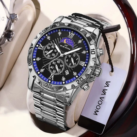 Men Watch US Fast Delivery Multifunctional Luxurious Rhinestone Moonlight Stainless Steel Business Leisure Quartz 1 Set Watches
