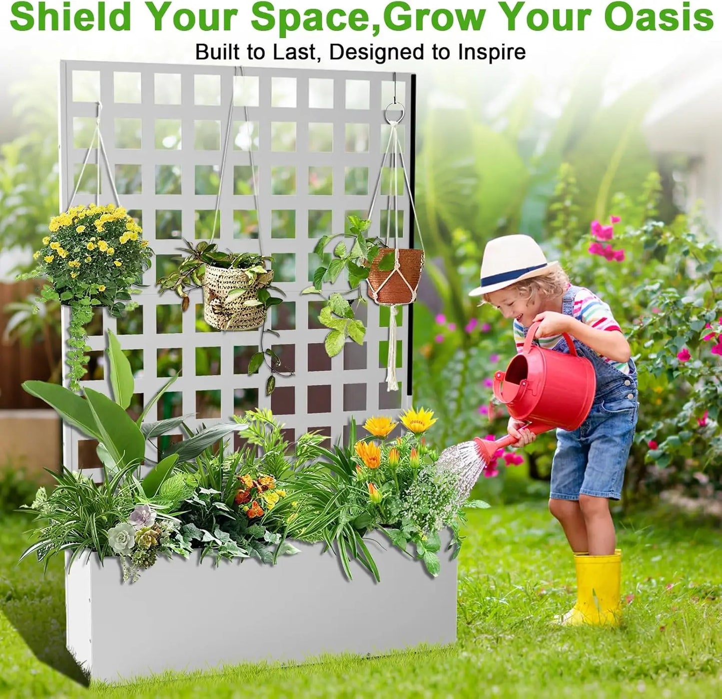 71"x47" Raised Metal Garden Bed with Attached Trellis Privacy Screen | Outdoor Planter Box w/ Drainage Holes for Climbing Plants