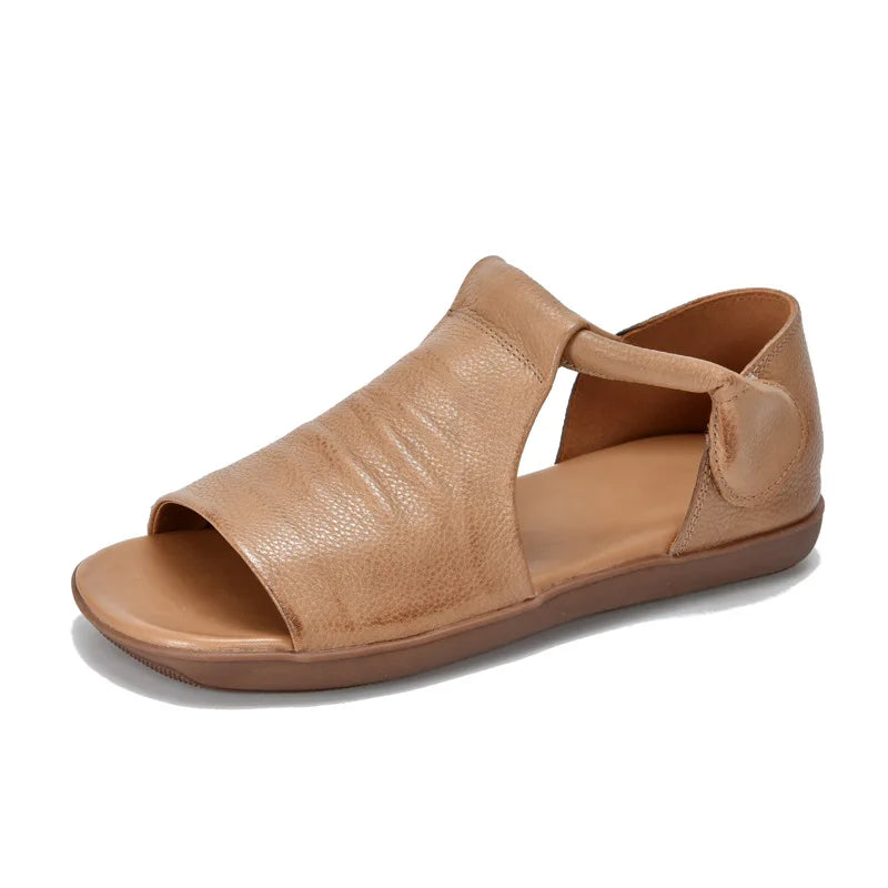 GKTINOO Peep Toe Flat Sandals 2025 Summer New Retro Genuine Leather Comfortable Soft Sole Versatile Women's Shoes