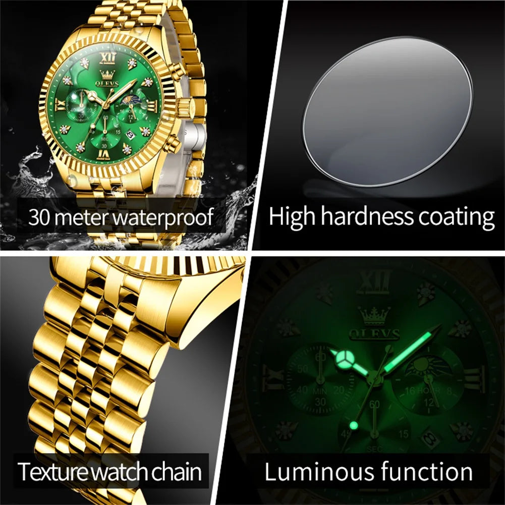 OLEVS New Original Quartz Men's Watches Moon Phase Waterproof Calendar Stainless steel Watch for Men Luminous Luxury Brand Watch