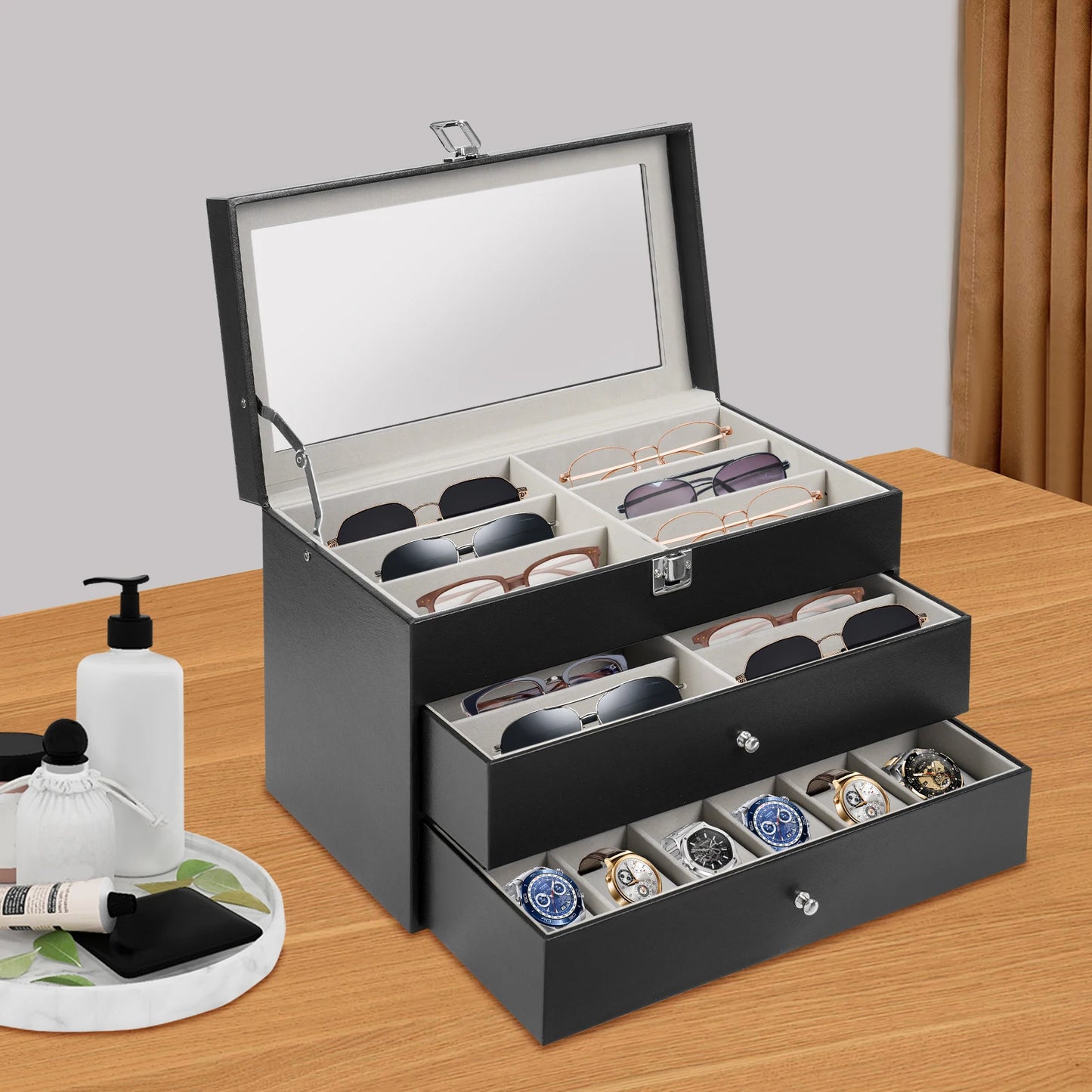 24-Slot Watch & Eyeglass Storage Box 3-Layer PU Leather Storage Display Case with Glass Top Holds 12 Watches & 12 Glasses
