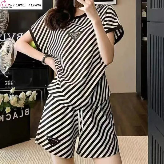 Korean Style Slim Fit Round Neck Top and Striped Shorts Set