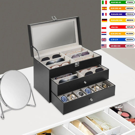24-Slot Watch & Eyeglass Storage Box 3-Layer PU Leather Storage Display Case with Glass Top Holds 12 Watches & 12 Glasses