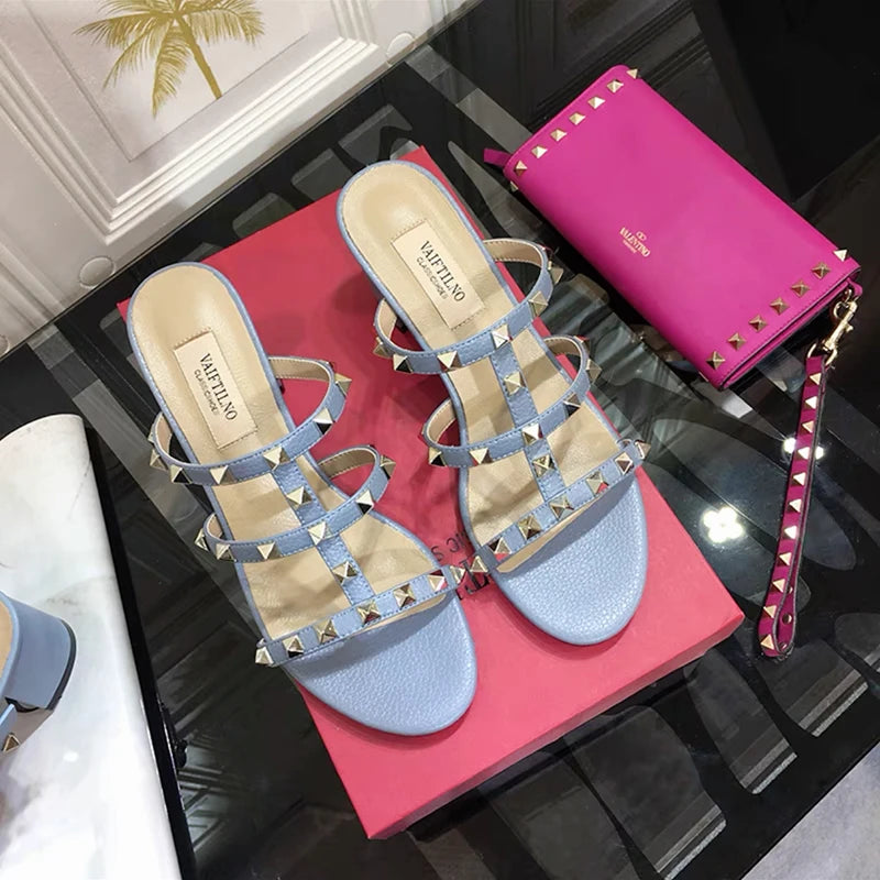 Women's sandals Gladiator summer 2025 luxury Brand Designer Heeled slipper Leather Silver Rivets High Heels Ladies shoes Women