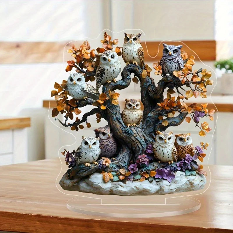 1PC 2D Acrylic Owl Tree Statue - Floral Desktop Decor with Stand/Elegant Owl Wall Art Flat Acrylic Sculpture for Home/Gifting