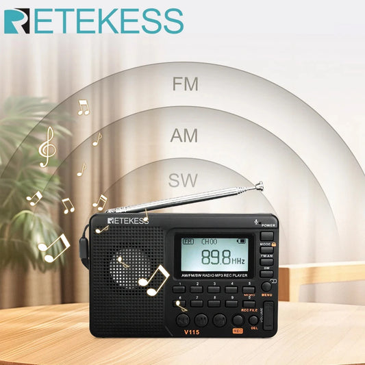 RETEKESS V115 Radio FM AM SW Portable Radios Rechargeable  Radio Batteries multiple bands  USB Recorder Speaker for Elders TX32