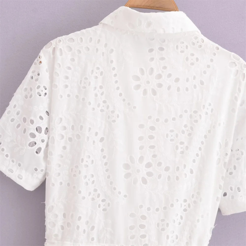 PB&ZA2024 Summer New Product Casual Women's Fashion Long sleeved Short sleeved Hollow Embroidered Shirt Style Dress